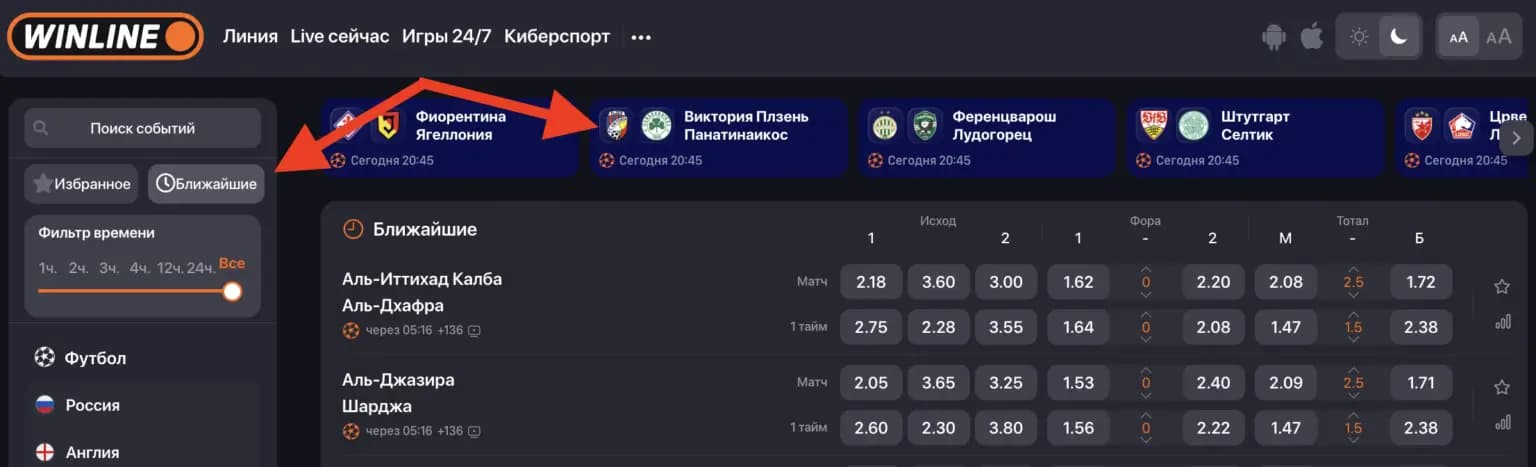 Линии live и прематч в винлайн
