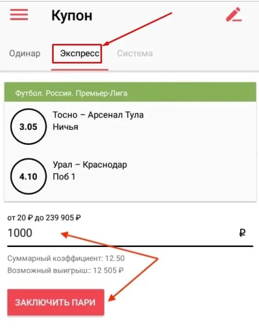 Выбираем экспресс и прописываем сумму пари