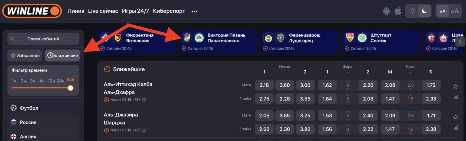 Линии live и прематч в винлайн