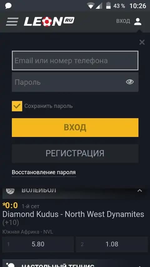 Регистрация через приложение леон