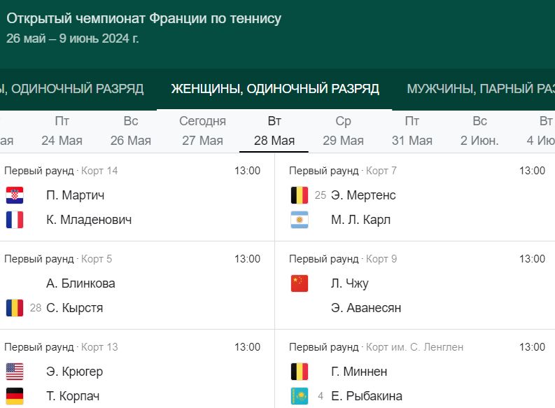 Турниры по теннису май-июнь 2024 среди мужчин и женщин